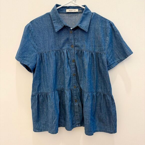 Mustard Seed Chambray Ruffle Short Sleeve Blue Top Size Medium - Picture 1 of 6